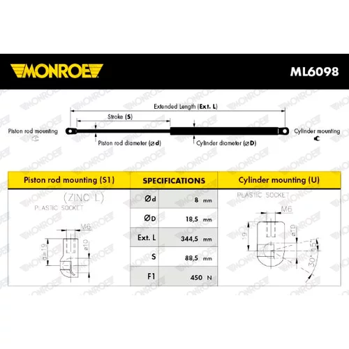 Pneumatická pružina, Batožinový/nákladný priestor MONROE ML6098 - obr. 2