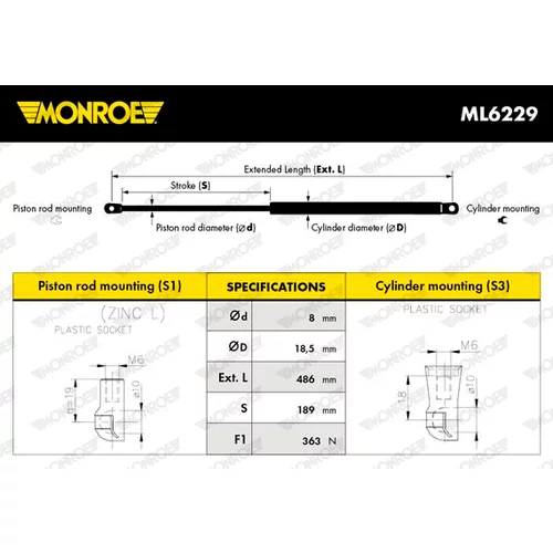 Pneumatická pružina, Batožinový/nákladný priestor MONROE ML6229 - obr. 7