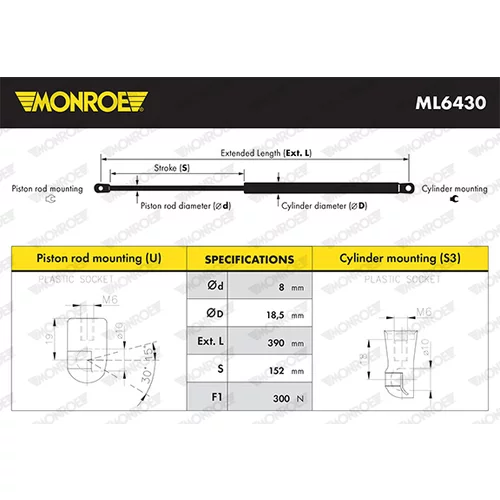 Plynová vzpera, kapota motora MONROE ML6430 - obr. 1