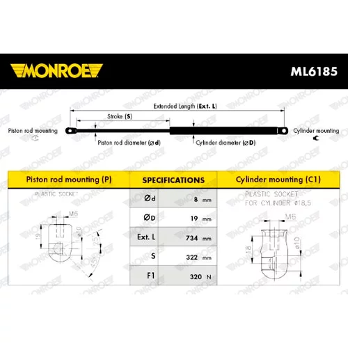 Plynová vzpera, kapota motora MONROE ML6185 - obr. 1