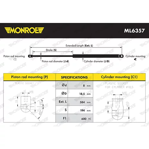 Pneumatická pružina, Batožinový/nákladný priestor MONROE ML6357 - obr. 2