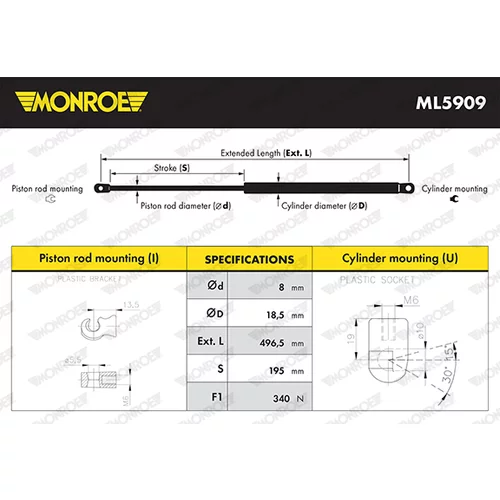 Pneumatická pružina, Batožinový/nákladný priestor MONROE ML5909 - obr. 3