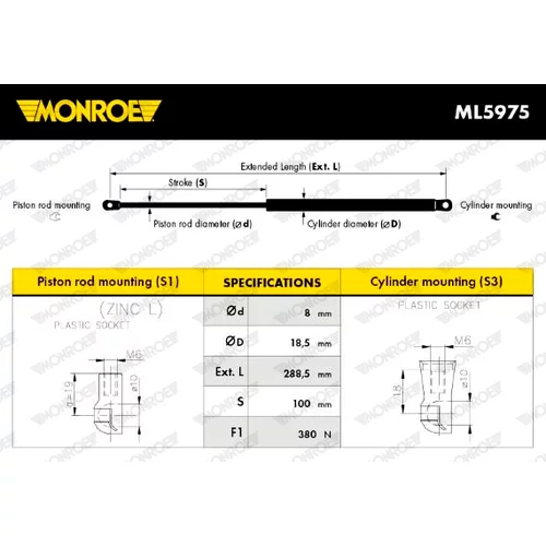 Pneumatická pružina, Batožinový/nákladný priestor MONROE ML5975 - obr. 3