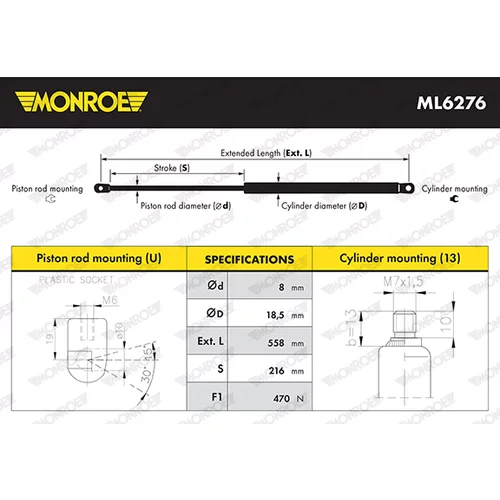 Pneumatická pružina, Batožinový/nákladný priestor MONROE ML6276 - obr. 2