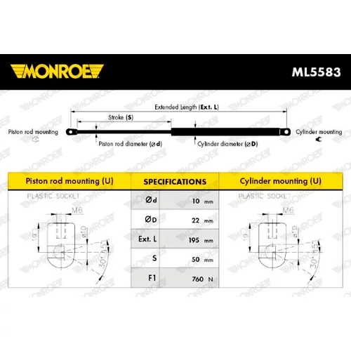 Plynová vzpera, kapota motora MONROE ML5583 - obr. 2