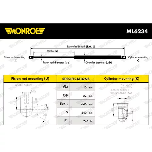 Pneumatická pružina, Batožinový/nákladný priestor MONROE ML6234 - obr. 3