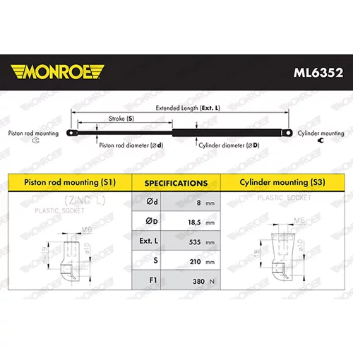 Pneumatická pružina, Batožinový/nákladný priestor MONROE ML6352 - obr. 3