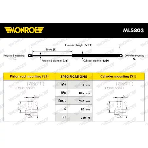 Plynová vzpera, kapota motora MONROE ML5803 - obr. 7