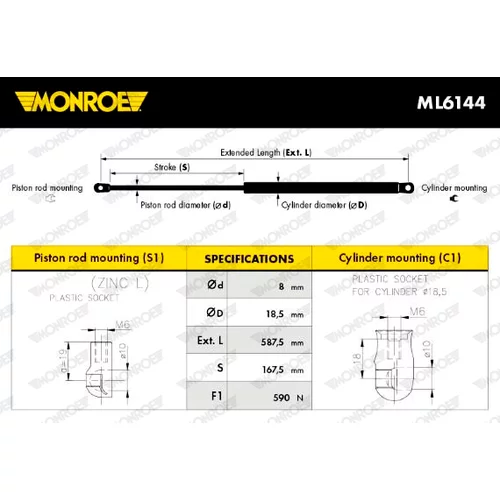 Plynová vzpera, kapota motora MONROE ML6144 - obr. 1