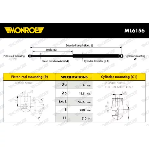 Plynová vzpera, kapota motora MONROE ML6156 - obr. 1