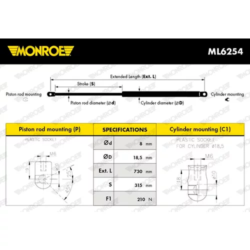 Plynová vzpera, kapota motora MONROE ML6254 - obr. 1