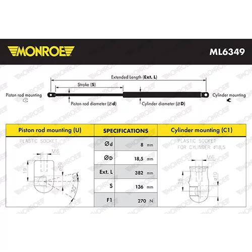 Plynová vzpera, kapota motora MONROE ML6349 - obr. 4