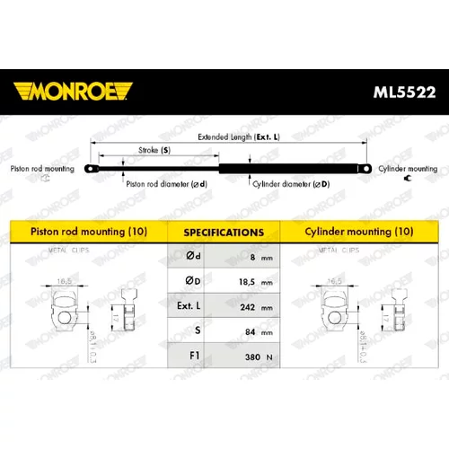 Plynová vzpera, kapota motora MONROE ML5522 - obr. 7