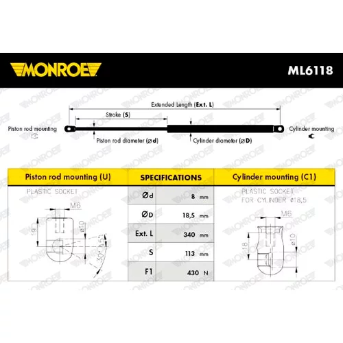 Plynová vzpera, kapota motora MONROE ML6118 - obr. 2