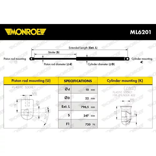 Pneumatická pružina, Batožinový/nákladný priestor MONROE ML6201 - obr. 3