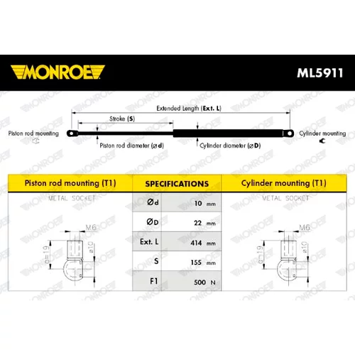 Pneumatická pružina, Batožinový/nákladný priestor MONROE ML5911 - obr. 3