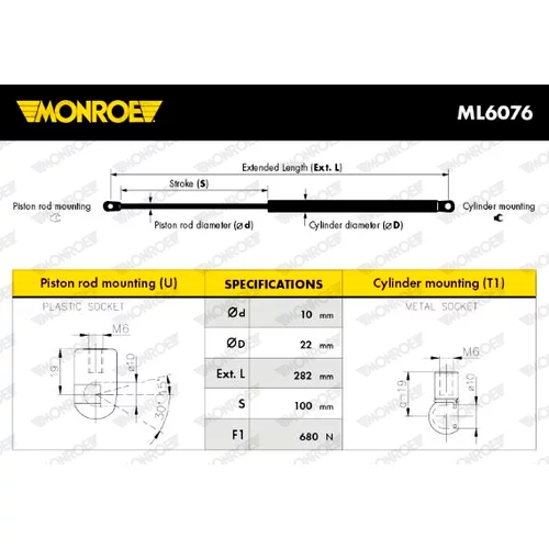 Pneumatická pružina, Batožinový/nákladný priestor MONROE ML6076 - obr. 2