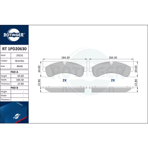 Sada brzdových platničiek kotúčovej brzdy ROTINGER RT 1PD20630
