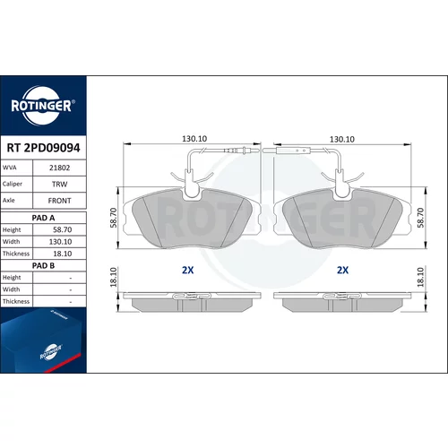 Sada brzdových platničiek kotúčovej brzdy ROTINGER RT 2PD09094