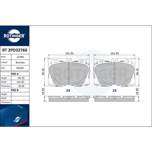 Sada brzdových platničiek kotúčovej brzdy ROTINGER RT 2PD32760