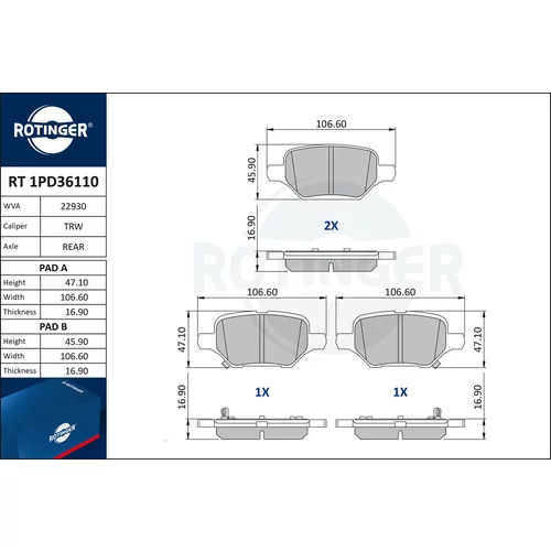 Sada brzdových platničiek kotúčovej brzdy ROTINGER RT 1PD36110
