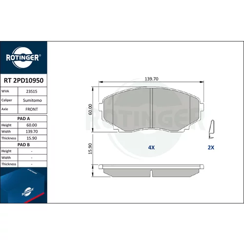 Sada brzdových platničiek kotúčovej brzdy ROTINGER RT 2PD10950