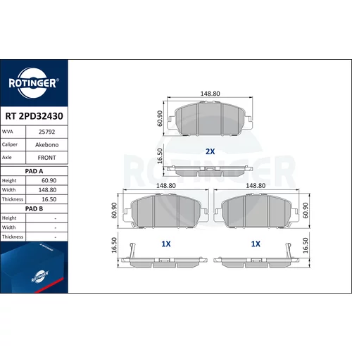 Sada brzdových platničiek kotúčovej brzdy ROTINGER RT 2PD32430