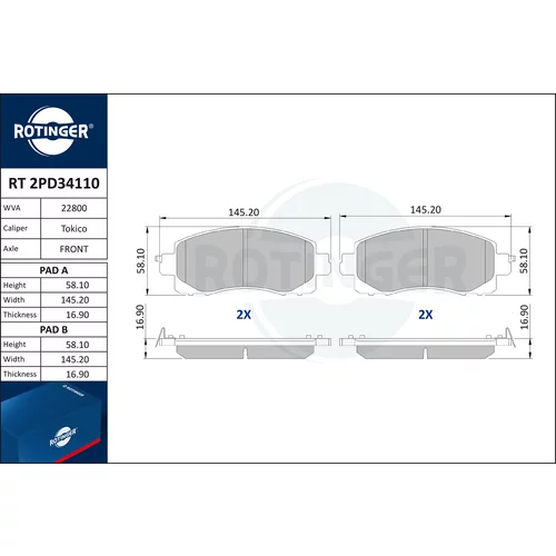 Sada brzdových platničiek kotúčovej brzdy ROTINGER RT 2PD34110