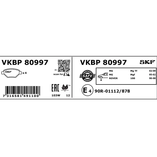 Sada brzdových platničiek kotúčovej brzdy SKF VKBP 80997 - obr. 2