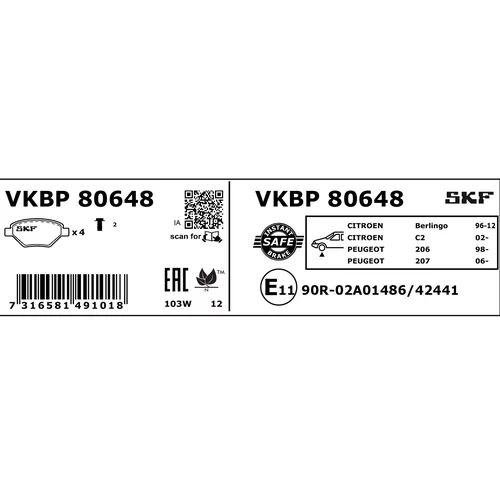 Sada brzdových platničiek kotúčovej brzdy SKF VKBP 80648 - obr. 2