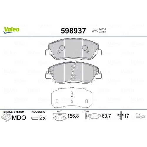 Sada brzdových platničiek kotúčovej brzdy VALEO 598937