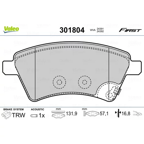 Sada brzdových platničiek kotúčovej brzdy VALEO 301804