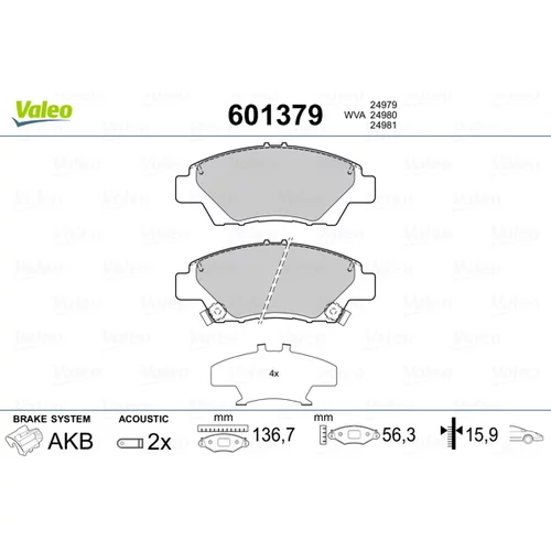 Sada brzdových platničiek kotúčovej brzdy VALEO 601379