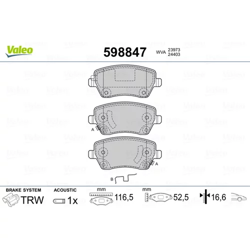 Sada brzdových platničiek kotúčovej brzdy VALEO 598847