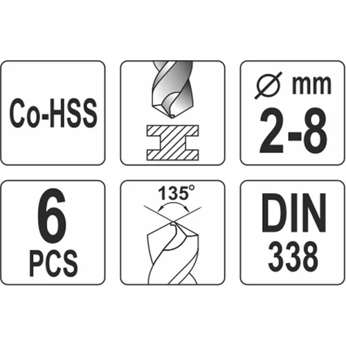 YATO Sada vrtákov na kov 6ks HSS-COBALT 2-8mm (YATO náradie) - obr. 2