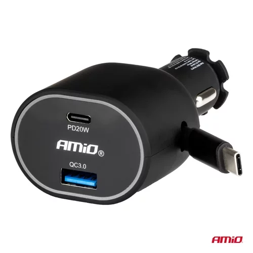 Rýchla autonabíjačka 3.0 s 30W C navíjacím káblom PD20W AMiO-04176 - obr. 1