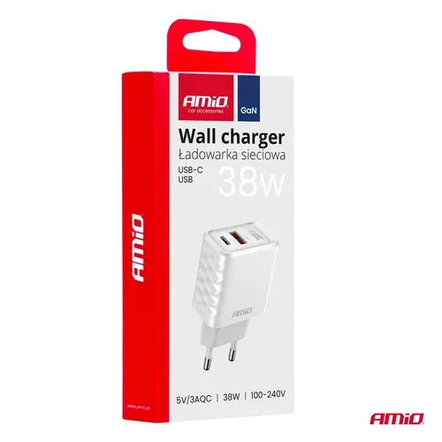 Nástenná nabíjačka Quick Charger GaN 38W USB-A + USB-C AMIO-04287 - obr. 4