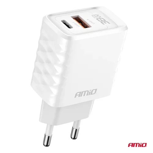 Nástenná nabíjačka Quick Charger GaN 38W USB-A + USB-C AMIO-04287 - obr. 1