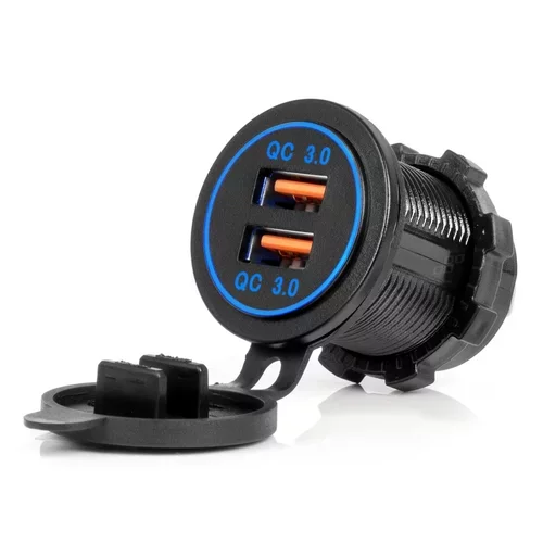Vodotesná nabíjačka s MODRÝM LED podsvietením 2xUSB QC3.0 12/24V AMiO-04218