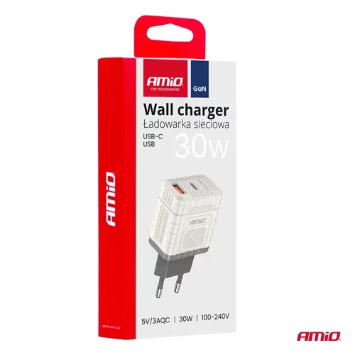 Sieťová nabíjačka Quick Charge GaN 30W USB-A + USB-C AMiO-04286 - obr. 2