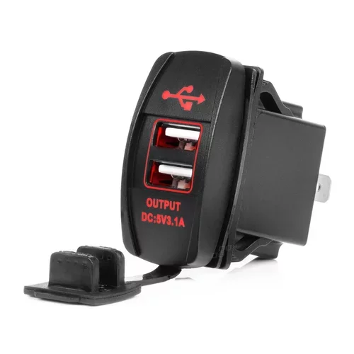 Vodotesná nabíjačka na telefón v tvare lode s ČERVENÝM LED podsvietením 2xUSB 12/24V AMiO-04228