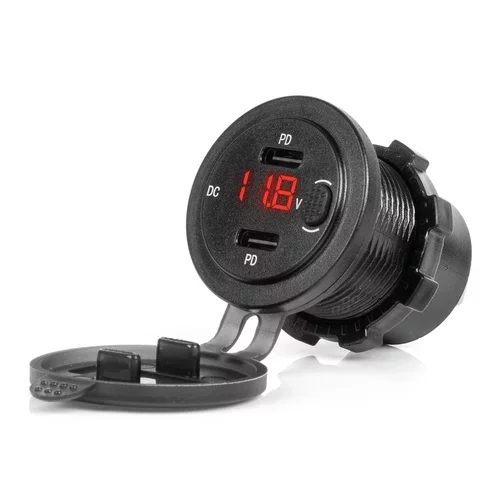 Vodotesná telefónna nabíjačka so spínačom ČERVENÝ LED indikátor digitálny voltometer 2xUSB C 12/24V AMIO-04226