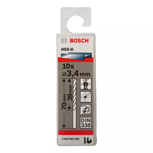 BOSCH Špirálový vrták PRE Metal HSS-G štandardnej dĺžky, 3,4 × 39 × 70 mm, 10 ks (20)