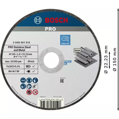 BOSCH Rezací kotúč PRO Stainless Steel and Metal, 150 × 1.6 × 22,23 mm, rovný (3)