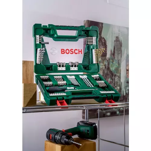 BOSCH 91-dielna sada vrtákov a skrutkovacích hrotov V-Line TiN, s račňovým skrutkovačom a teleskopickým magnetom (8)