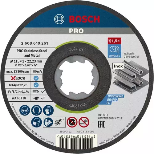 BOSCH Rezací kotúč PRO Stainless Steel and Metal, 115 × 1 × 22,23 mm, X-LOCK, rovný (4)