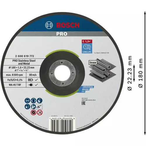 BOSCH Rezací kotúč PRO Stainless Steel and Metal, 180 × 1,6 × 22,23 mm, so stlačeným stredom (3)