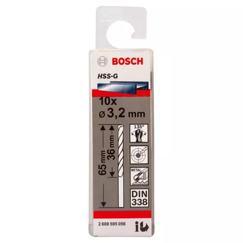 BOSCH Špirálový vrták PRE Metal HSS-G štandardnej dĺžky, 3,2 × 36 × 65 mm, 10 ks (20)