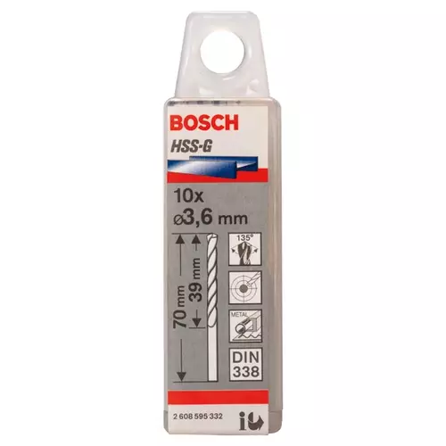 BOSCH Špirálový vrták PRE Metal HSS-G štandardnej dĺžky, 3,6 × 39 × 70 mm, 10 ks (20)