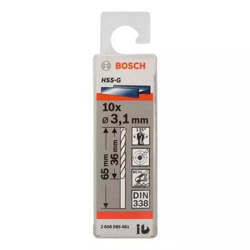 BOSCH Špirálový vrták PRE Metal HSS-G štandardnej dĺžky, 3,1 × 36 × 65 mm, 10 ks (20)